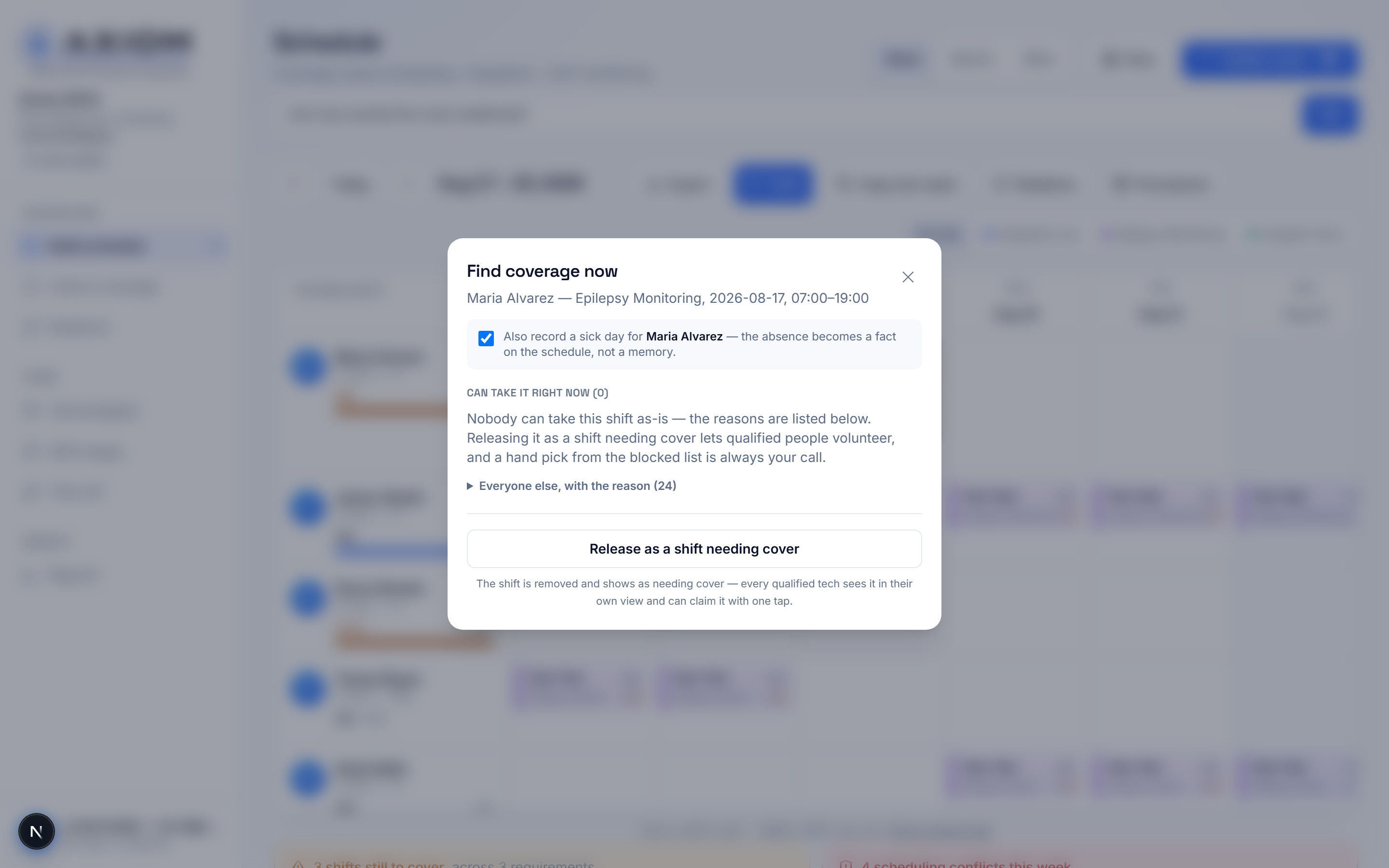 The Axiom Shift call-out recovery dialog — live screenshot showing ranked replacements and the release-for-volunteering path